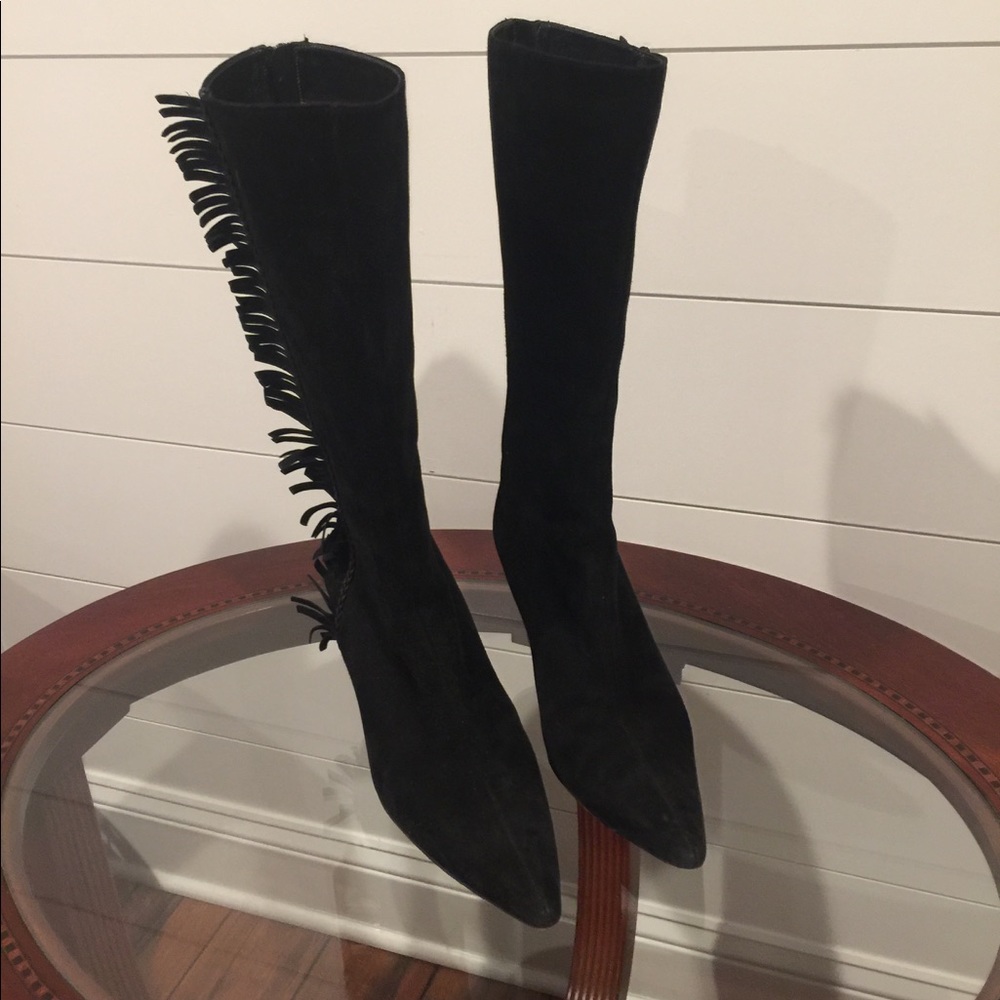 Jimmy Choo Fringe Pointy Toe Slim Calf Boots 8 M